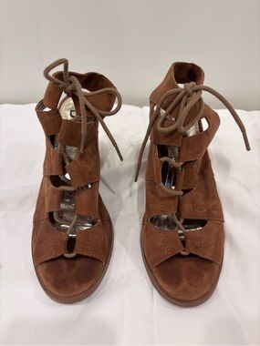 Diba Brown Suede Lace-Up Cutout Heels